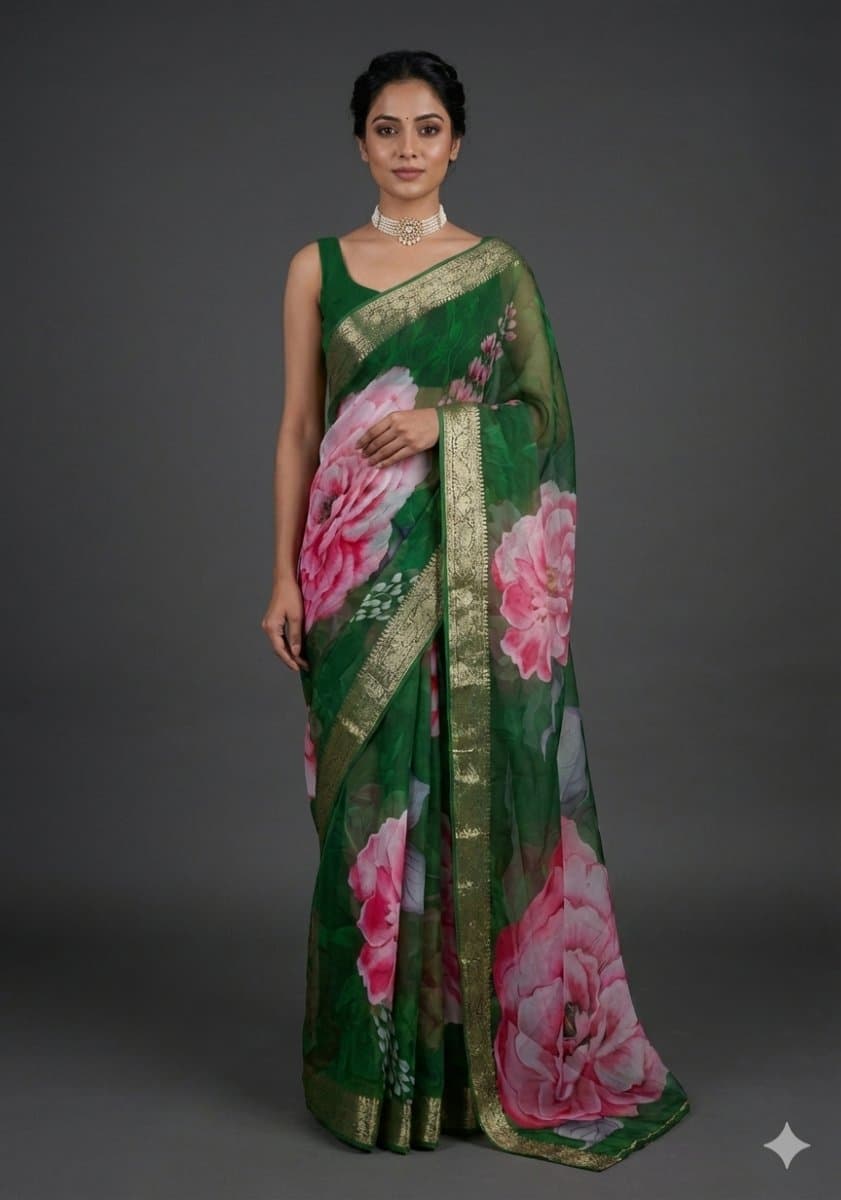 Green Floral Chiffon Saree - View 1